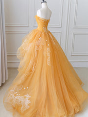 Prom Dress Tight, Orange Tulle Lace Long High Low Prom Dress, A-Line Strapless Evening Dress