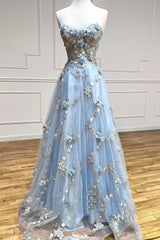 Girl Dress, Blue Tulle Appliques Long Prom Dresses, A-Line Strapless Evening Dresses