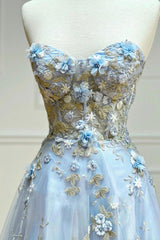 Vacation Dress, Blue Tulle Appliques Long Prom Dresses, A-Line Strapless Evening Dresses