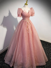 Homecoming Dress With Sleeves, Pink Tulle Floor Length Prom Dress with Short Sleeve, Beautiful A-Line Evening Dress