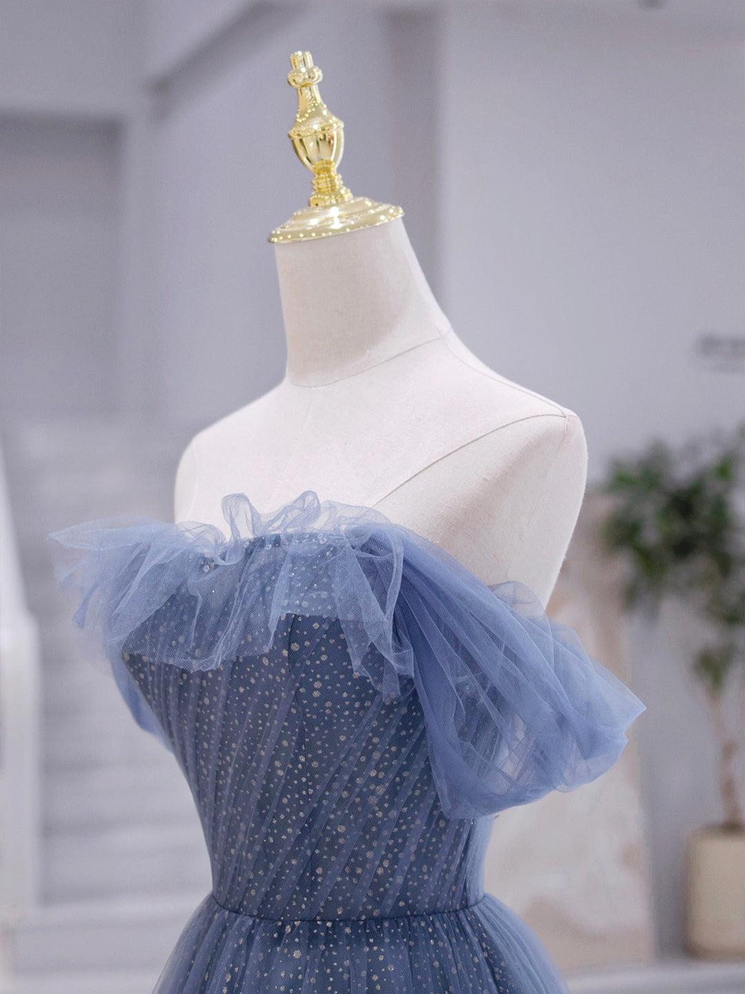 Glamorous Dress, Blue Strapless Tulle Long Prom Dress, Blue A-Line Evening Dress