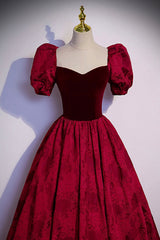 Party Dress Renswoude, Burgundy Velvet Long A-Line Prom Dress, Short Sleeve Evening Dress