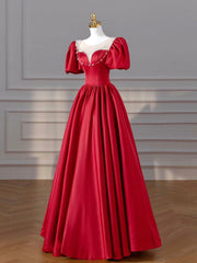 Dinner Outfit, Burgundy Satin Long Prom Dresses, Lovely A-Line Formal Dresses
