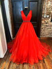 Senior Prom Dress, Red V-Neck Tulle Long Prom Dress, Red A-Line Evening Dress with Beaded