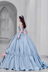 Evening Dresses 14, Blue Satin A-Line Princess Dress, Blue A-Line Evening Gown with Bow