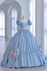Evening Dresses 3 18 Sleeve, Blue Satin A-Line Princess Dress, Blue A-Line Evening Gown with Bow