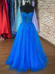 Evening Dresses Dresses, Blue Spaghetti Strap Tulle Formal Dress, Blue Evening Dress with Lace