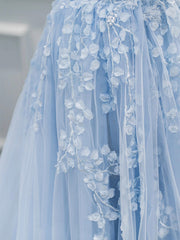 Dress Short, Blue Sweetheart Neck Lace Floor Length Prom Dress, Lovely Blue Evening Dress