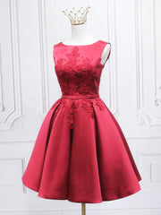 Black Dress Classy, Burgundy Satin Lace Short Prom Dress, A-Line Homecoming Dress