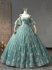 Bridesmaid Dresses Color Scheme, Green Floral Tulle Long Prom Dress, Cute Off Shoulder Evening Party Dress