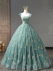 Bridesmaid Dress Color Schemes, Green Floral Tulle Long Prom Dress, Cute Off Shoulder Evening Party Dress
