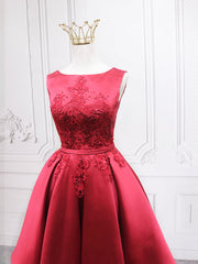 Party Dress Jeans, Burgundy Satin Lace Short Prom Dress, A-Line Homecoming Dress