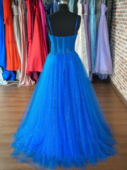 Evening Dress Dresses, Blue Spaghetti Strap Tulle Formal Dress, Blue Evening Dress with Lace