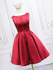 Party Dress For Baby, Burgundy Satin Lace Short Prom Dress, A-Line Homecoming Dress
