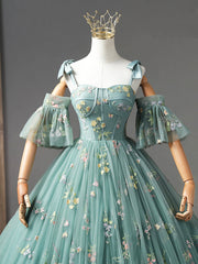 Bridesmaid Dress Colors Scheme, Green Floral Tulle Long Prom Dress, Cute Off Shoulder Evening Party Dress