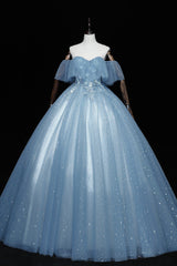 Formal Dresses Long Sleeves, Blue Tulle Lace Long Prom Dresses, A-Line Off the Shoulder Evening Dresses