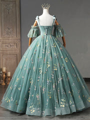 Bridesmaid Dress Color Scheme, Green Floral Tulle Long Prom Dress, Cute Off Shoulder Evening Party Dress