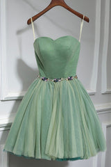 Evening Gown, Green Strapless Tulle Short Prom Dress, A-Line Evening Party Dress