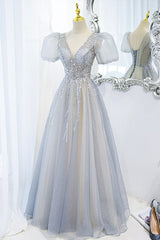 Bridesmaids Dresses Summer Wedding, Gray Tulle Beading Long Prom Dresses, A-Line Short Sleeve Formal Evening Dresses