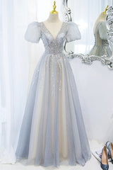 Bridesmaid Dresses Winter, Gray Tulle Beading Long Prom Dresses, A-Line Short Sleeve Formal Evening Dresses