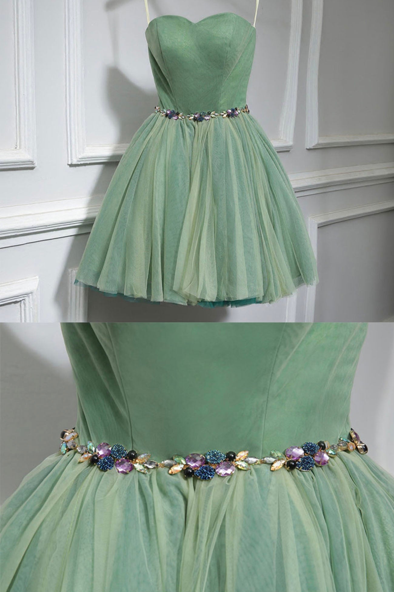 Purple Prom Dress, Green Strapless Tulle Short Prom Dress, A-Line Evening Party Dress