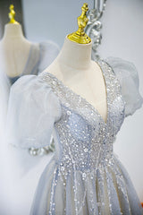 Bridesmaid Dresses Blush, Gray Tulle Beading Long Prom Dresses, A-Line Short Sleeve Formal Evening Dresses