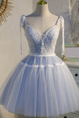 Homecoming Dress 2030, Blue Lace Short A-Line Prom Dress, Cute Spaghetti Strap Party Dress