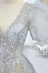 Bridesmaid Dresses Champagne, Gray Tulle Beading Long Prom Dresses, A-Line Short Sleeve Formal Evening Dresses