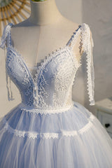Homecoming Dresses Formal, Blue Lace Short A-Line Prom Dress, Cute Spaghetti Strap Party Dress