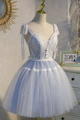 Homecoming Dress Formal, Blue Lace Short A-Line Prom Dress, Cute Spaghetti Strap Party Dress