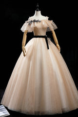 Bridesmaids Dress Floral, Champagne Tulle Long Prom Dresses, A-Line Princess Evening Dress