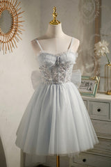 Bridesmaid Dresses Colorful, Gray Tulle Short A-Line Prom Dress, Cute Evening Party Dress