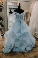 Formal Dress Long Sleeved, Blue Tulle Lace Long Prom Dresses, Off the Shoulder Evening Dresses