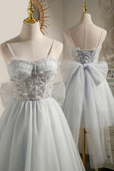 Bridesmaid Dresses Blue, Gray Tulle Short A-Line Prom Dress, Cute Evening Party Dress