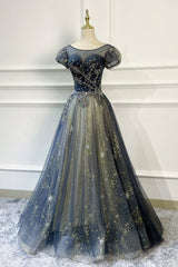 Evening Dresses Stunning, Blue Scoop Neckline Tulle Long Prom Dress, A-Line Evening Dress