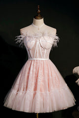 Prom Dress Beautiful, Pink Strapless Lace Short Prom Dress, A-Line Party Dress with Feather