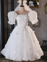 Formal Dresses Summer, White Tulle Short A-Line Prom Dress, Cute Puff Sleeve Party Dress