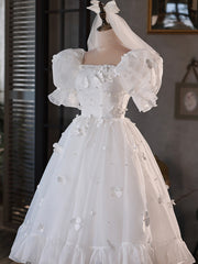 Formal Dresses For Woman, White Tulle Short A-Line Prom Dress, Cute Puff Sleeve Party Dress