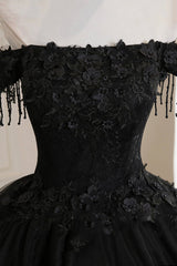 Prom Dresses A Line, Black Tulle Lace Off the Shoulder Prom Dress, Black A-Line Evening Dress