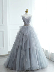 Bridesmaids Dress Mismatched, Gray Strapless Tulle Lace Long Prom Dress, A-Line Evening Party Dress