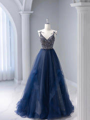 Best Prom Dress, Blue Tulle Beaded Long Prom Dress, A-Line Spaghetti Strap Formal Evening Dress