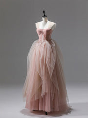 Homecoming Dress Pockets, Pink Tulle Lace Long Prom Dress, Beautiful A-Line Evening Party Dress