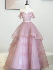 Homecoming Dresses Online, Pink Tulle Sequins Long Prom Dress, Off Shoulder Evening Dress