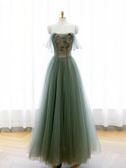 Prom Dresse Backless, A-Line Green Tulle Long Prom Dress, Off the Shoulder Evening Party Dress