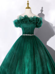 Bridesmaid Dresses Ideas, Green Off Shoulder Tulle Formal Dress, A-Line Long Prom Dress