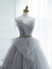 Bridesmaid Dresses Mismatching, Gray Strapless Tulle Lace Long Prom Dress, A-Line Evening Party Dress