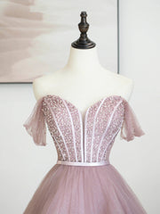 Homecoming Dresses Unique, Pink Tulle Sequins Long Prom Dress, Off Shoulder Evening Dress