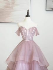 Homecoming Dress 2034, Pink Tulle Sequins Long Prom Dress, Off Shoulder Evening Dress