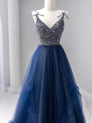 Dress To Wear To A Wedding, Blue Tulle Beaded Long Prom Dress, A-Line Spaghetti Strap Formal Evening Dress