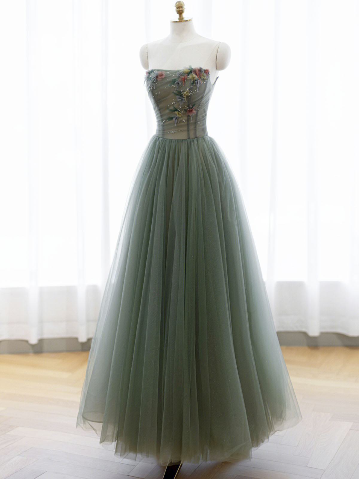 Prom Dresses Modest, A-Line Green Tulle Long Prom Dress, Off the Shoulder Evening Party Dress